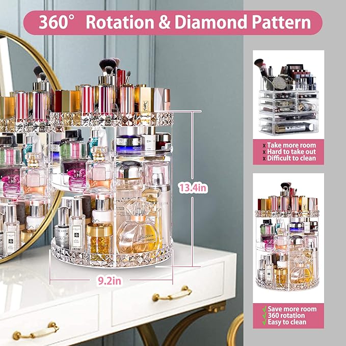 V-HANVER Makeup Organizer Combo - 360° Rotating Makeup Organizer with 7 Adjustable Layers Acrylic Skincare Organizer Large Cosmetic Display Case Clear Perfume Organizer with Makeup Palette Organizer