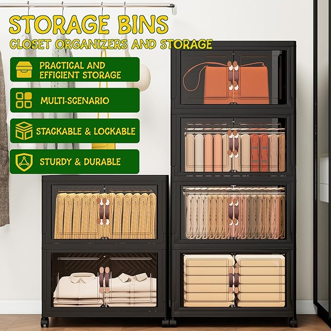 Storage Bins with Lids and Wheels, Collapsible Bathroom Storage Cabinet with Clear Doors, Plastic Stackable Closet Organizers and Storage Containers Black 199 QT