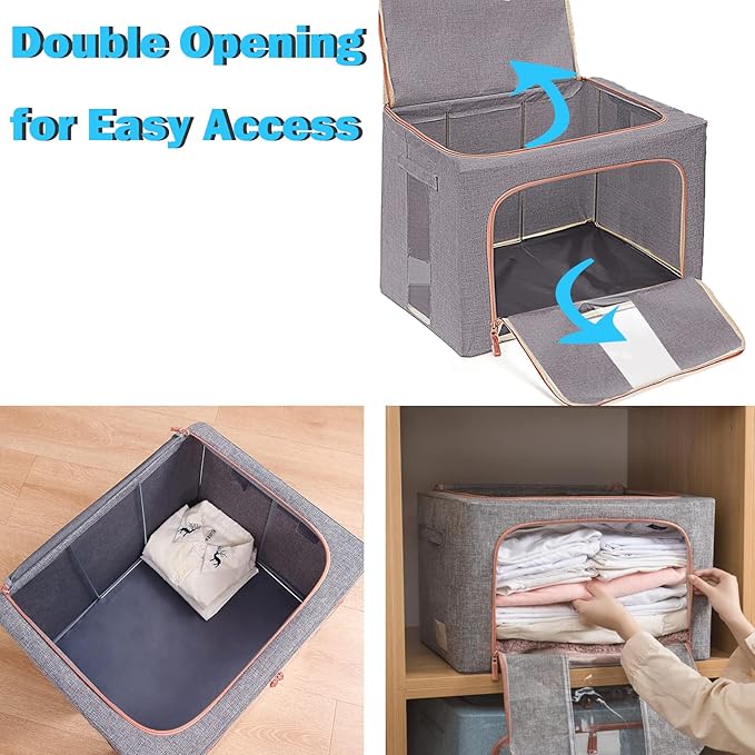 Large Storage Bags,Stackable Clothes Storage Bins with Hold Shape Metal Frame,Foldable Closet Organizer Containers with Zipper,Clear Window,Thick Fabric for Seasonal Clothing (Beige, 100L x 4 Pack)
