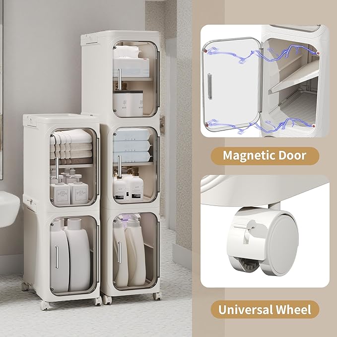 5-Tier Tall Narrow Storage Cabinet, Slim Bathroom Storage Cabinet with Adjustable Shelves and Wheels, Narrow Organizer for Small Space, Bathroom, Kitchen, Laundry