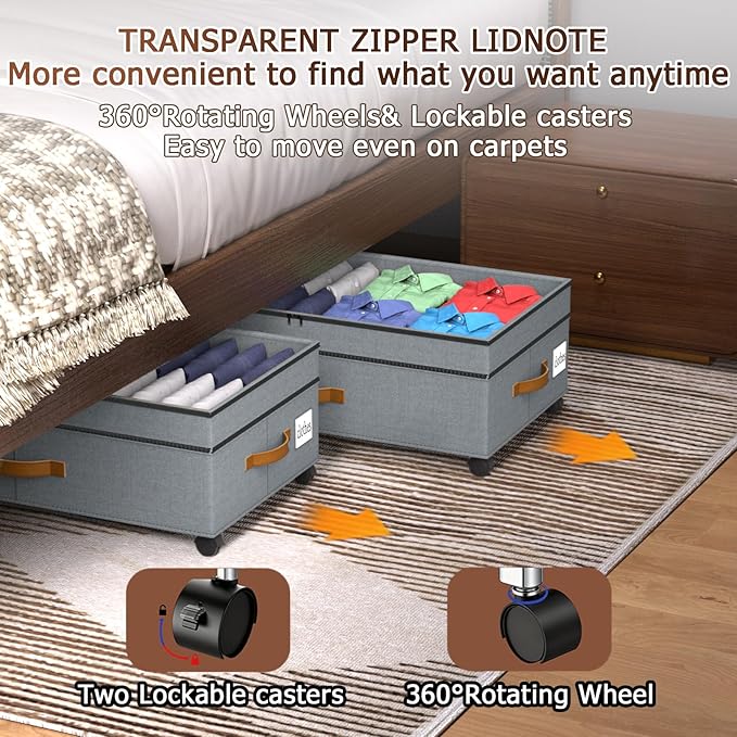 2 Pack Under Bed Storage with Wheels 65L XXL Large Under Bed Storage Containers Box with Lids 10inchs Underbed Storage with Wheels Rolling Under the Bed Storage Bins for Shoes,Clothes,Blankets,Toys