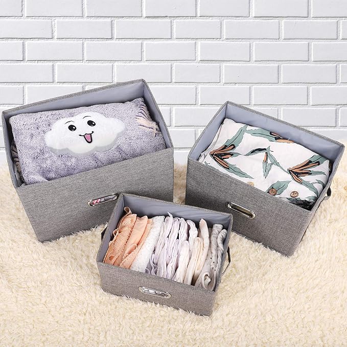 Large Linen Fabric Foldable Storage Bins with Removable Lid and Handles, Washable Storage Box Organizer Containers Baskets Cube with Cover for Bedroom,Closet,Office (Coffee, Large(2-Pack))