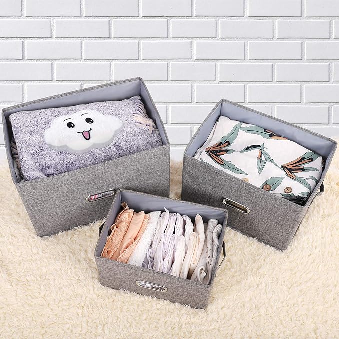 Large Linen Fabric Foldable Storage Bins with Removable Lid and Handles, Washable Storage Box Organizer Containers Baskets Cube with Cover for Bedroom,Closet,Office (Khaki, Medium(2-Pack))