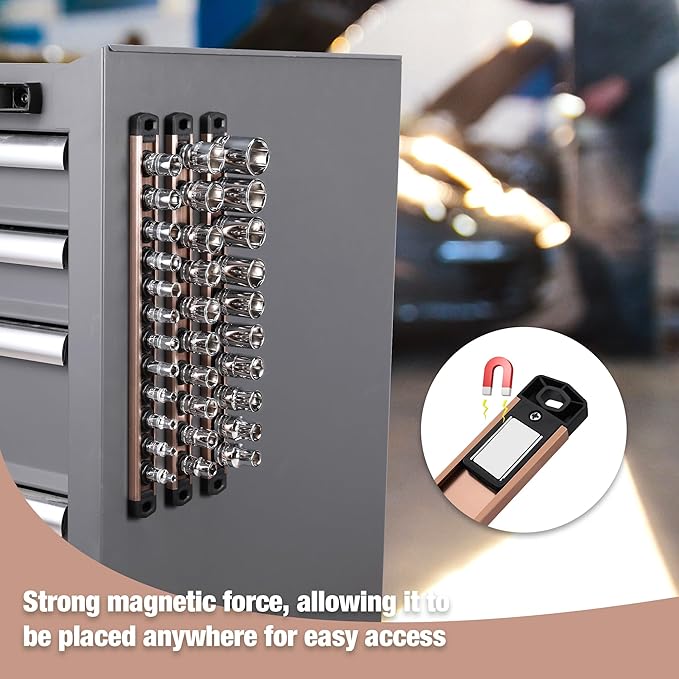 WORKPRO Magnetic Socket Organizer, 1/4-Inch Drive Aluminum Alloy Socket Rail, Heavy Duty Socket Holder, Socket Rack Kit 1/4-Inch x 12 Clips Champagne (Socket not Included)