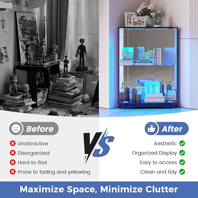 Corner Display Cabinet with Glass Doors, Small Display Case with 3-Color LED Lights and Charging Station, 2-Tier Curio Cabinet with Storage and Shelf, Black