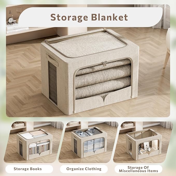 FHSQX 3 Pack Clothes Storage Bins Foldable Metal Frame Storage Box Stackable Linen Fabric Organizer Set with Carrying Handles and Clear Window (Beige, 15.7x11.8x11.8inch(36L))
