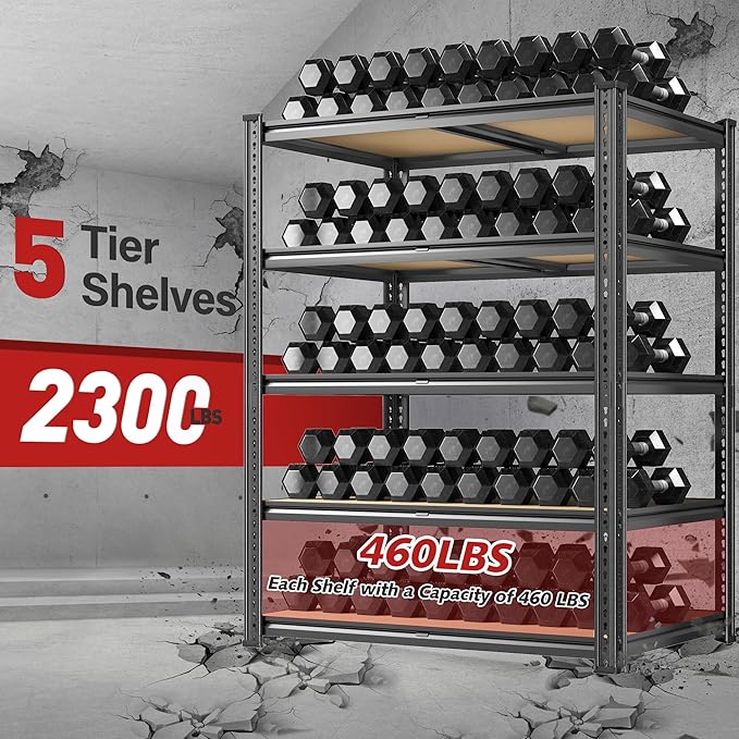 REIBII 72.05" H Storage Shelves 2300LBS Garage Shelving Heavy Duty Metal Shelving 5 Tier Garage Shelves Adjustable Metal Shelf for Kitchen Basement Pantry 35.45" W x 17.72" D x 72.05" H