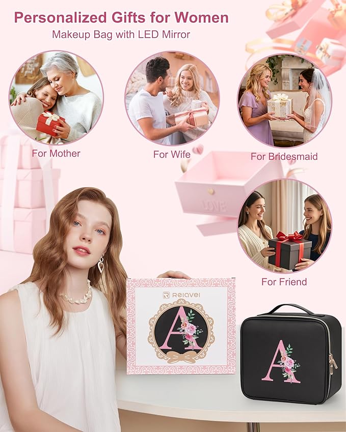 Relavel Initial Makeup Bag with LED Mirror for Women Girls, Personalized Travel Cosmetic Organizer Train Case, Birthday Gifts for Grandkids Bridesmaid Graduation Teacher Friends, Trendy Stuff, Black L