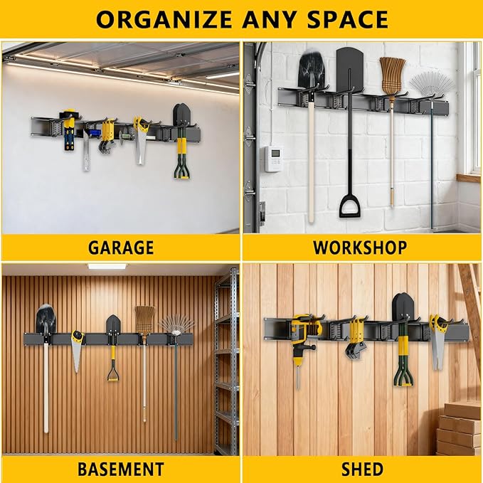 Garage Tool Organizer Wall Mount, 48inch Heavy-Duty Garage Storage System and Garden Tool Organizer with 7 Adjustable Hooks for Shovel, Snowboard, Yard Tools and Shed