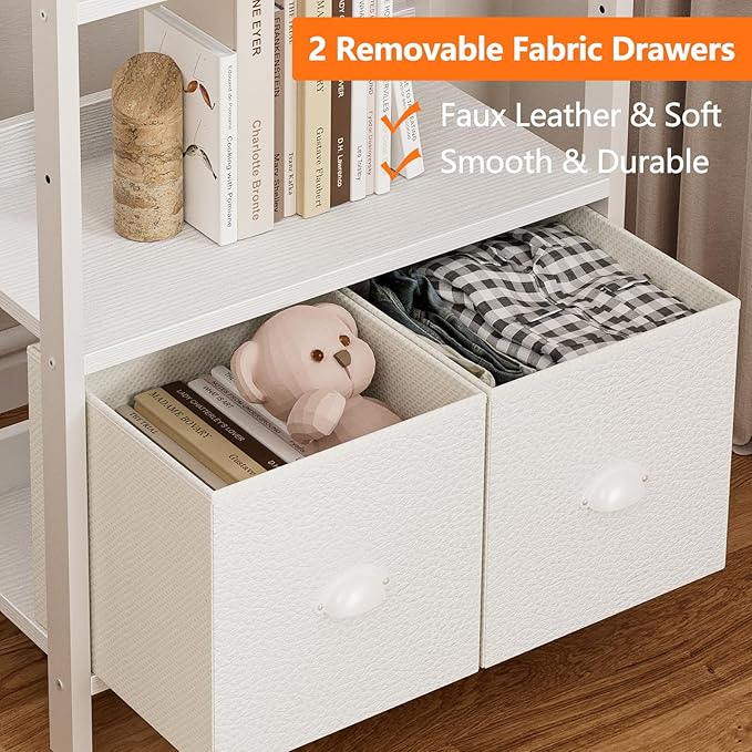 Furologee 5 Tier Bookshelf with Drawers, White Tall Bookcase with Shelves, Wood and Metal Bookshelves Storage Organizer, Modern Display Free Standing Shelf Unit for Bedroom, Living Room, Office