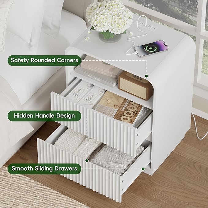 White Nightstands Set of 2 with Charging Station, Mid Century Modern End Tables & Bedside Tables, Fluted Wood Small Night Stands with 2 Hidden Drawers and Storage Shelf for Bedroom
