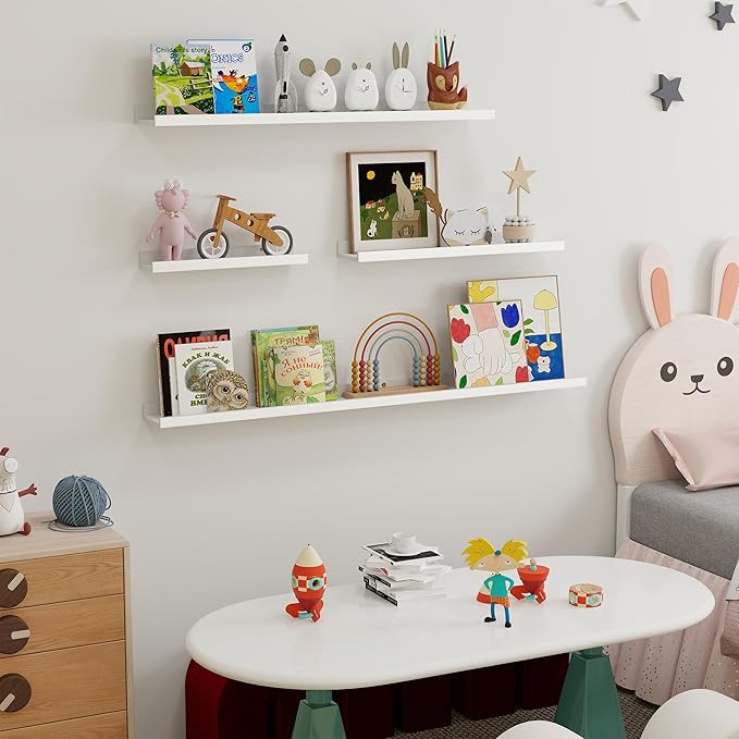 Fun Memories Picture Ledge Shelf, 16 Inch Long Floating Shelves Set of 6, Picture Shelf for Wall with Lip, Large Nursery Book Shelves for Storage, Wall Shelves for Living Room Bedroom Kitchen, White