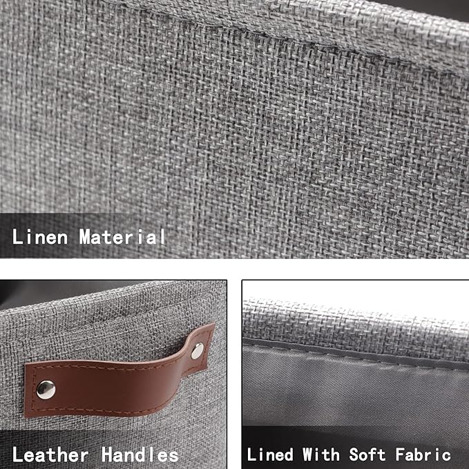 HNZIGE Foldable Fabric Storage Baskets (6pack), Empty Gift Baskets with Leather Handles, Decorative Organizers for Closet (Gray, 11.8" x 7.8" x 5.1")