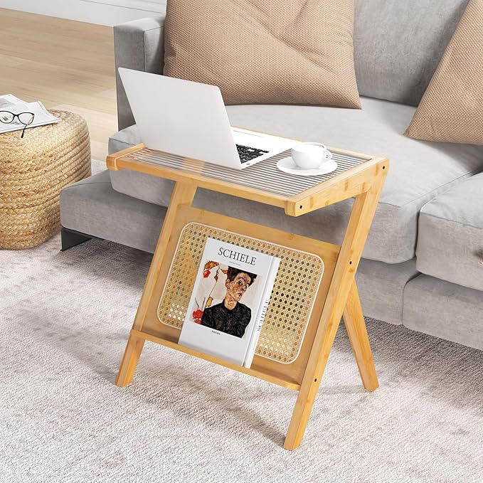 GOFLAME Rattan Side Table, Z-Shaped End Table with Tempered Glass Top, Magazine Rack, Boho Night Stand, Small Coffee Table, Bamboo Accent Bedside Table for Living Room, Bedroom, Natural