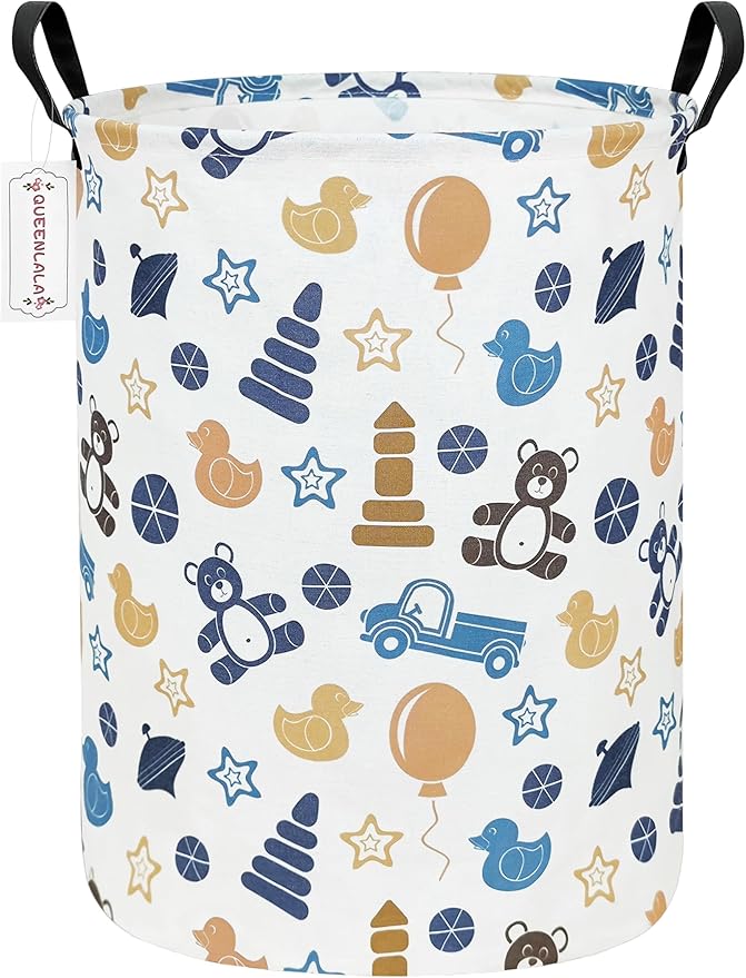 QUEENLALA Large Storage Basket,Laundry Hamper/Bathroom/Home Decor/Collapsible Round Storage Bin,Boys and Girls Hamper/Boxes/Clothing(Round-Colorful Bear)
