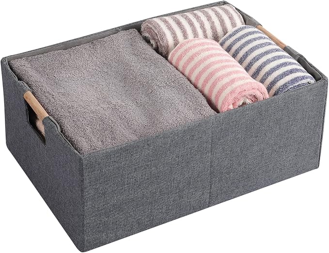Fabric Storage Bin 3 Pack Foldable Cotton Linen Storage Basket with Wooden Handles Rectangular Cube Box - Gray, Medium