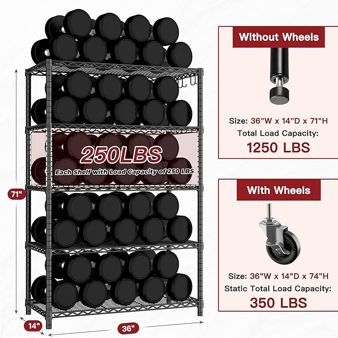 PrimeZone 74''H Wire Shelving 1250lbs 5 Tier Storage Shelves with Wheels NSF Certified Heavy Duty Steel Metal Shelf Adjustable Rolling Rack Kitchen Garage Closet Pantry Laundry 74''HX36''WX14''D