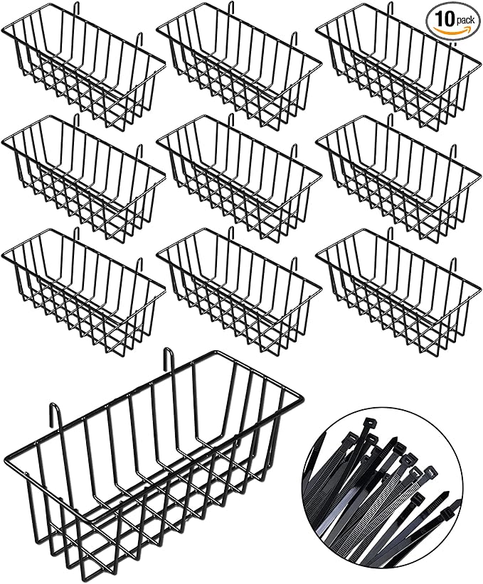 10 PCS Black Wire Baskets, No Drilling, Hanging Wire Basket for Wall Grid Panel Organizing, Grid Wall Accessory