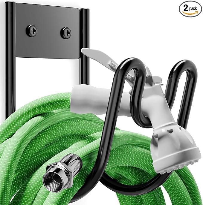 Black Metal Garden Hose Holder - Wall Mounted Water Hose Holder - Hose Hanger Heavy Duty for Water Hose Extension Cords Vacuum Hose (2 Pack)