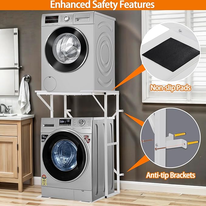 Universal Washer Dryer Stacking Rack Stand Heavy-Duty Carbon Steel, Premium Washer Dryer Stand Compatible with Most Brands and Models