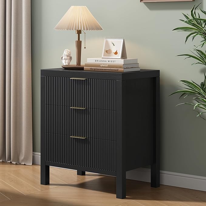 6 Drawer Dresser, Modern Wide Storage Chest of Drawers Organizer with Waveform Panel, Fluted Dresser with Spacious Storage and Golden Handles for Bedroom, Hallway, Entryway, （Black 2PCS）