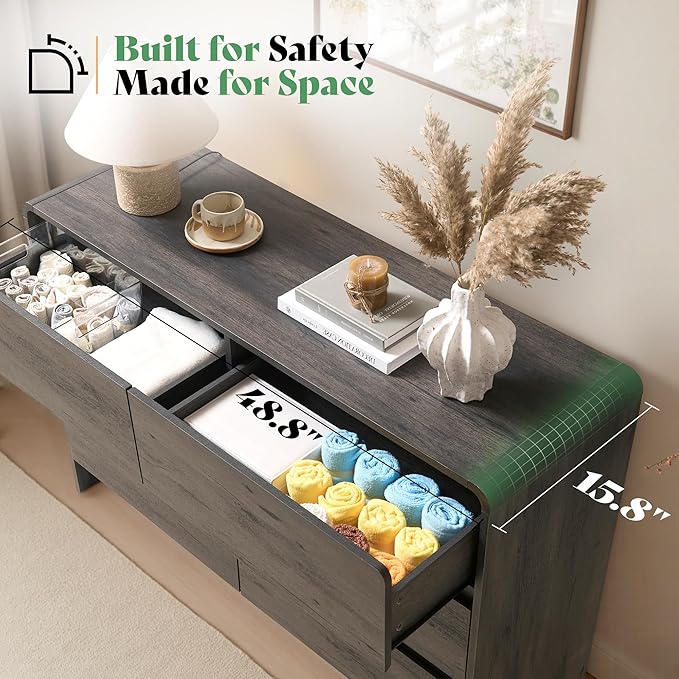 AMERLIFE 7 Drawer Dresser for Bedroom, 49" Wide Modern Chest of Storage Drawers with Rounded Corners, Anti-Tip Kit, Wood Cabinet Organizer for Closet, Living Room, Nursery, Easy Assembly, Black