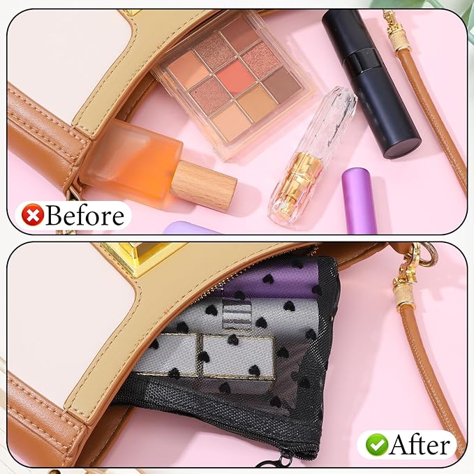 4 PCS Heart Printed Mesh Makeup Bag Set, White & Black Mesh Makeup Bag with Zipper Lipstick Accessories Organizer Mini Travel Organizer Bags for Women(2 Small 2 Medium)