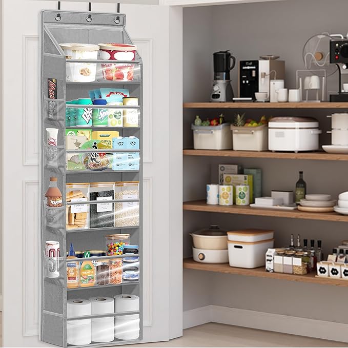 Over Door Organizer with 6 Extra Large Pockets 12 Side Pockets, Sturdy Closet Storage Rack, Hanging Storage Organizer with Clear Window for Shoes, Diapers, Toys, Bedroom, Bathroom, Grey