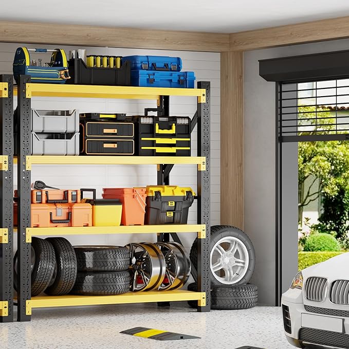 5000LBS Heavy Duty Garage Shelving 59" W Garage Storage Shelves 4-Tier Metal Adjustable Shelf Unit Storage Rack for Basement Supermarket Warehouse 59" W x 24" D x 78" H Yellow