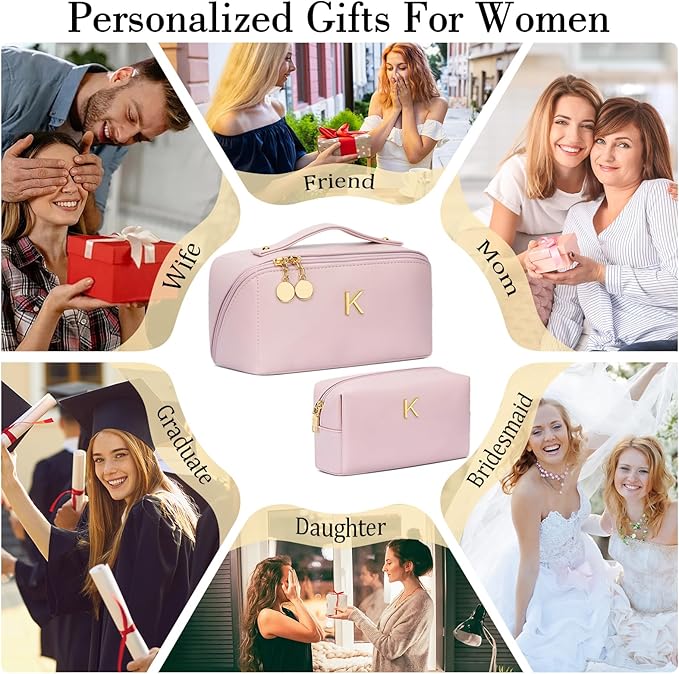 Birthday Gifts for Women Teen Girl, Personalized Initial Makeup Organizer Bag Set, Open Flat Travel Cosmetic Bag With Clear Divider and Handle(Pink,K)