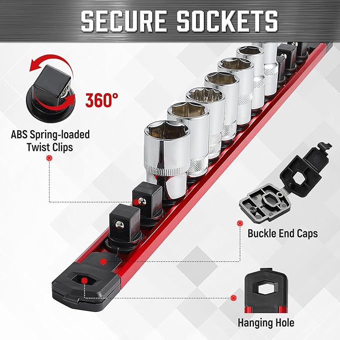 ALOANES 3-Piece Magnetic Socket Organizer, Heavy Duty Aluminum Socket Rails Organizer, 360° Swivel Clips Socket Holder Kit for Tool Box, 1/2, 3/8, 1/4-Inch Socket Holder x 40 Clips (Red)
