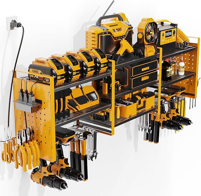 Power Tool Organizer with Charging Station Wall Mount, 3 Layer Expanded Heavy Duty Garage Organization, 48.8 Inch Length Garage Tool Storage, 4 Drill Slot, 16" Standard Hole, Yellow