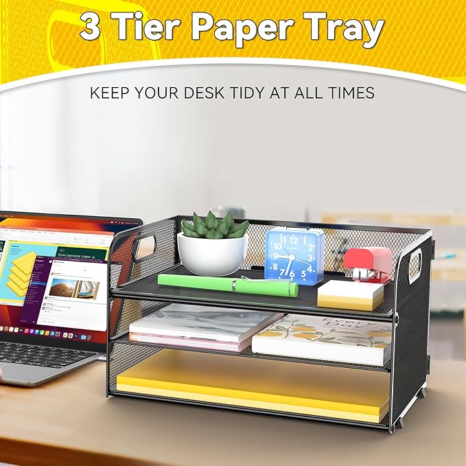 3 Tier Paper Organizer Tray with Handle, Mesh Letter Tray for Office, Home, School (1 Pack), Black