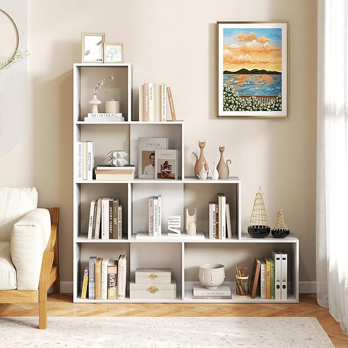Tangkula 4-Tier Stepped Bookshelf, Freestanding 6 Cubes Ladder Bookcase with Anti-Tipping Kits, 64" Tall Modern Wooden Storage Display Rack for Home Office Living Room Study (1, White)