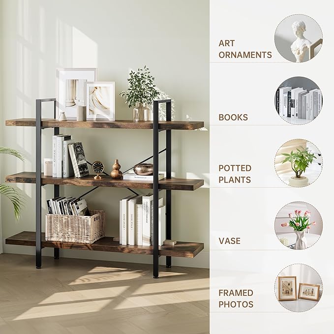 Heavy Duty 3-Tier Industrial Bookcase, 39" Wide Wood Bookshelf for Home Office, 120lbs Shelf Capacity, Rustic Open Shelving Display with Reinforced Horizontal Shelf for Living Room Bedroom