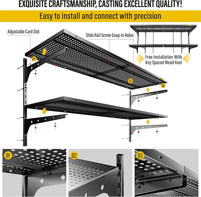 1pack×2 Tier 1.3x4ft Garage Shelving Wall Mounted, 260lbs Load Capacity，15.6x48inch per Shelf Height Cassette Adjustable Floating Shelves, Black
