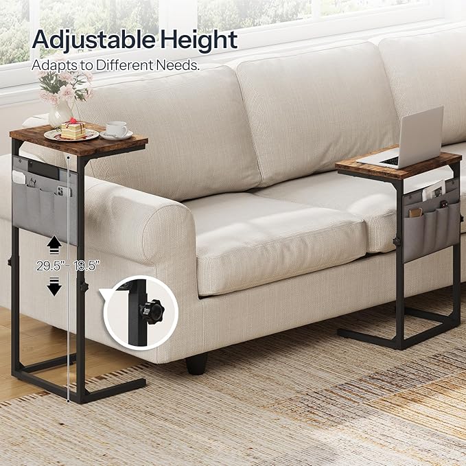 HOOBRO C Shaped End Table, 29.5’’ Adjustable Height Side Table with Storage Pockets, Couch Table Slide Under for Sofa, Small Space, for Living Room, Bedroom, Rustic Brown and Black BF77SF01