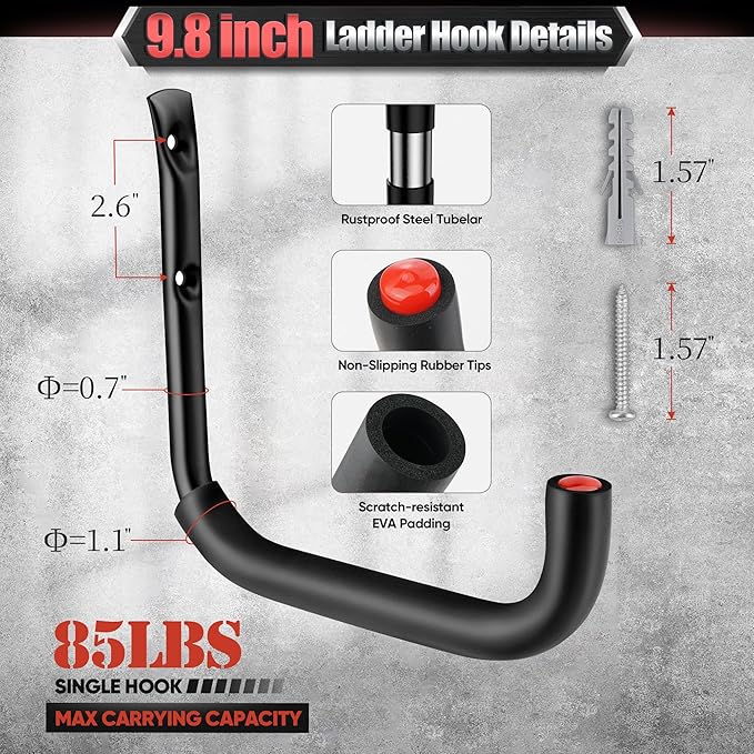 Nacial 12 Pack Garage Hooks Heavy Duty, 15" & 9.8" & 3.5" Kayak Storage Hook with EVA Pads, 100LBS Capacity Garage Hooks for Hanging Bikes, Kayak Folding Chairs and Hanging Ladders