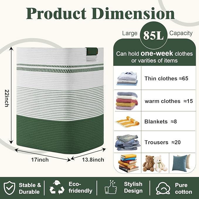 Laundry Hamper, 85L Tall Laundry Basket with Leather Handles, Rectangle Large Clothes Hamper for Organizing, Cotton Woven Laundry Baskets Storage Hampers for Bedroom, Nursery, Living Room