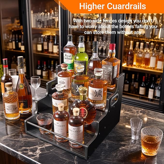 2 Pack 4-Tier Liquor Bottle Display Shelf, 16-Inch Wooden Bar Shelves for Liquor Bottles, Countertop Whiskey Shelf and Bourbon Shelf Organizer for Home Bar, Kitchen（Black）