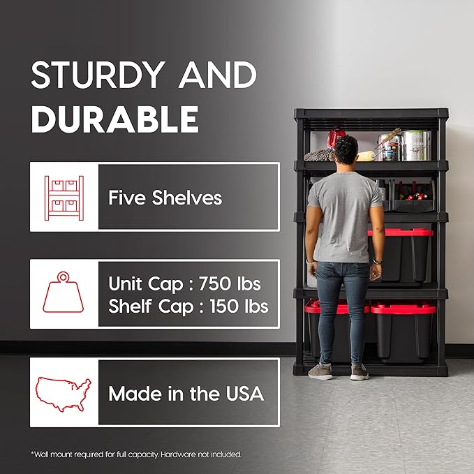 IRIS USA 5-Shelf Heavy Duty Plastic Storage Shelves, 750lb Capacity, 68" H x 36" W x 18" D, Large Modular Shelving Unit Storage Organizer for Garage, Home, Warehouse & Gym, Storage Rack - Black