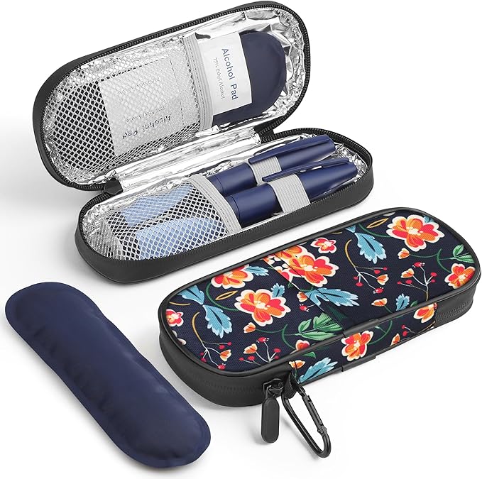 Insulin Cooler Travel Case Diabetic Medication Insulated Cool Organizer with 2 Reusable Ice Packs for Insulin Pen and Other Diabetic Supplies, for The Daily Life and Trip, Red Flower