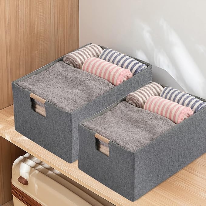 Fabric Storage Bin 3 Pack Foldable Cotton Linen Storage Basket with Wooden Handles Rectangular Cube Box - Gray, Medium