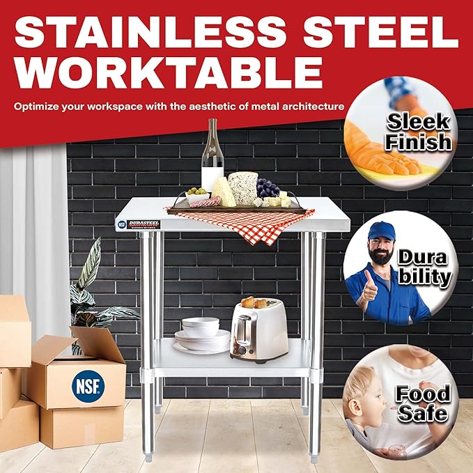 DuraSteel 30x24 Small Stainless Kitchen Island - NSF Outdoor Grill Work Station with Under Shelf - Metal Microwave Stand - For Laundry Room, Kitchen, Garage, Restaurant