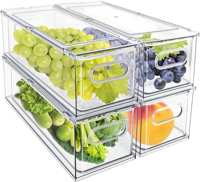 MANO Fridge Drawer Pull Out Stackable Bins with Handle Clear Refrigerator Drawers Organizer Food Storage Container Box Plastic Produce Saver for Pantry, Cabinet, Kitchen, Clothes（4Pack）