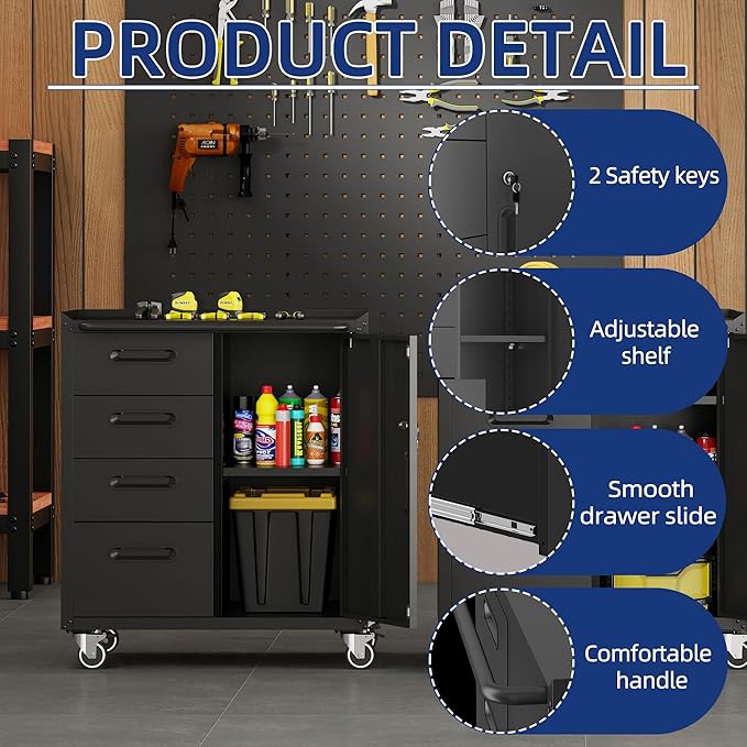 Tool Storage Cabinet, Rolling Tool Cabinet with 4 Drawers and 1 Door for Garage, Tool Room, Assembly Required(Black)