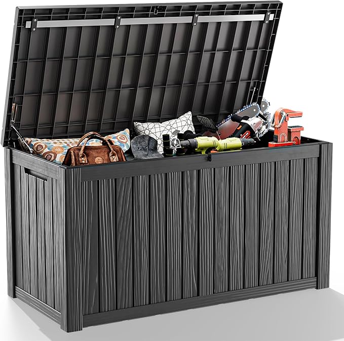 EasyUp 180 Gallon Outdoor Deck Box Waterproof, UV Resistant Resin Outdoor Storage Box with Hydraulic Rod for Delivery, Porch, Patio and Garden, Black
