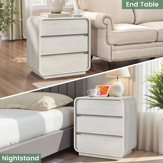 White Nightstand with Charging Station, 25" Tall Wood Bedside Table, Modern Dresser End Table with 3 Storage Drawers, Curved Profile, Mid Century Night Stand for Bedroom Dorm Sofa Office