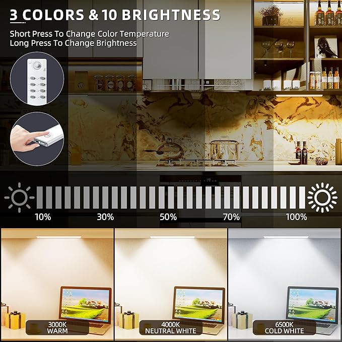 100 LED Under Cabinet Lights Wireless with Full Lighting,Rechargeable Closet Lights with Remote and Motion Sensor Indoor,Under Counter Light with CCT and Dimmable for Kitchen,Stair(3 Pack,11.8inch)