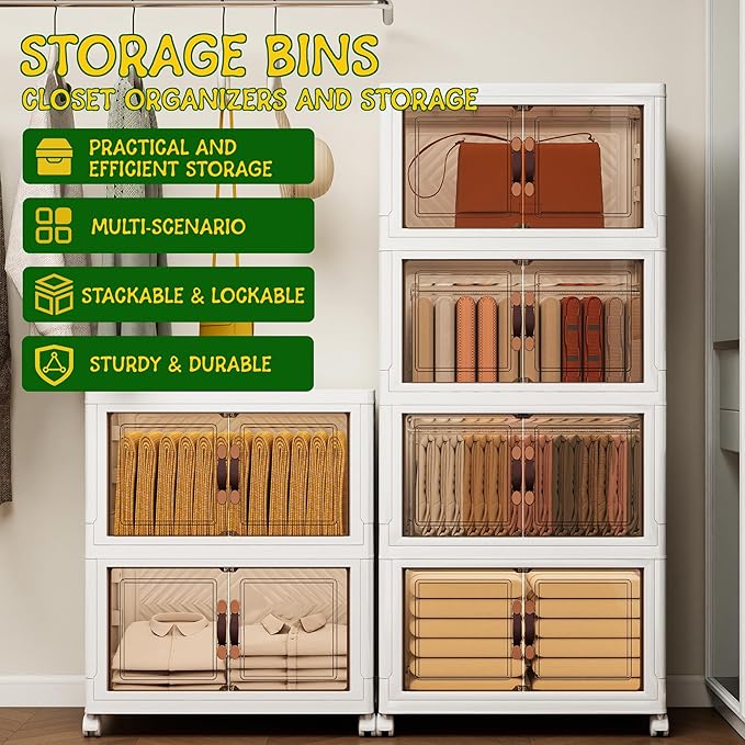 Storage Bins with 2 Lids and Wheels, Collapsible Bathroom Storage Cabinet with Clear Doors, Plastic Stackable Closet Organizers and Storage Containers White 597 QT